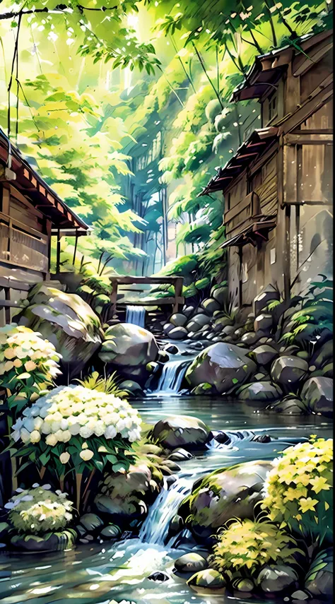 4k, june scenery, mountain, waterfall, river, bamboo grass, hydrangea, ink painting