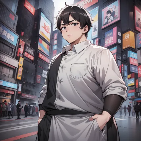 a man, obese: 1.2, white chef uniform, short black hair, black eyes, walking city streets at night, gta chinatowon art style, in...