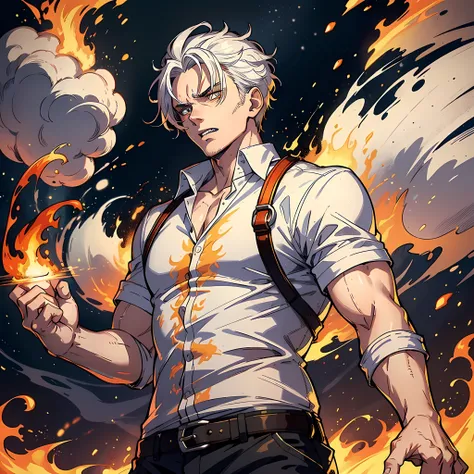 1 Man, handsome, white shirt, white hair, golden pupils, standing up, hands open, teeth, fists, whole body: 1.2, anger: 1.2, surrounded by flames, heat waves, twisted space, smoke, surrealism