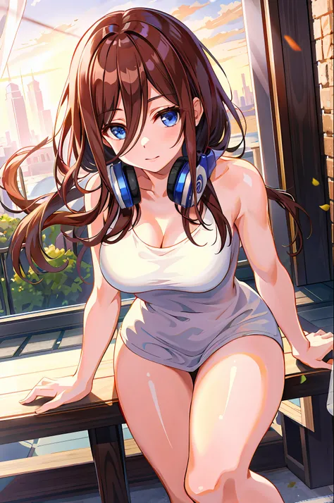 absurd, best quality, 1girl, solo, eye focus, looking at the viewer, Miku, brown hair, medium breasts, nude, thighs, sensored