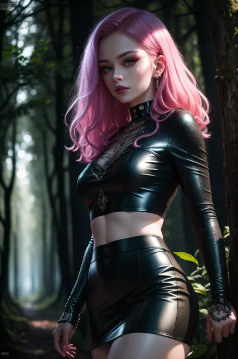 super sexy anna standing in a dark forest, decadent atmosphere, dramatic and dense clouds, short dark pink hair, natural pale sk...