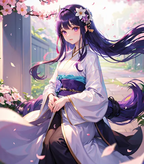 White background, 1 girl, fluttering petals, (depth of field, blur, background blur, bokeh: 1.2), gorgeous hanfu, satin, garden, flowers, purple eyes, long hair,