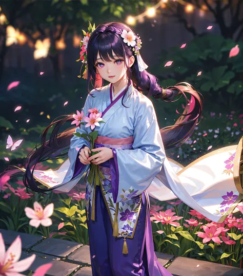 Garden background, 1 girl, fluttering petals, (depth of field, blur, background blur, bokeh: 1.2), gorgeous hanfu, satin, garden, flowers, purple eyes, long hair,
