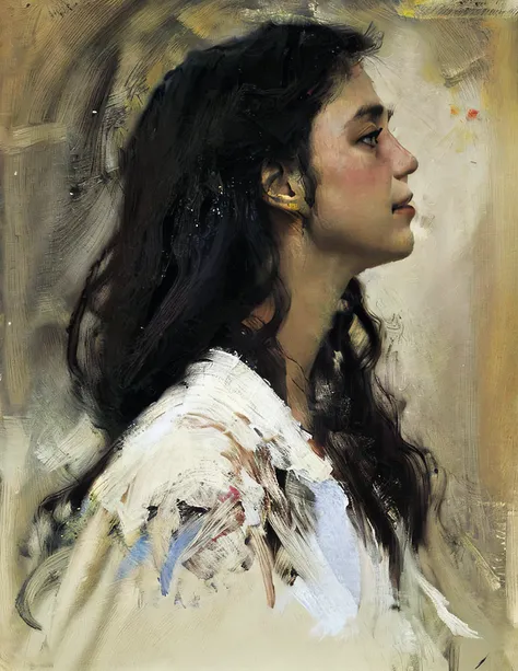 sargent,mucha, king,ctoil, 1girl, black hair, long hair, realistic, profile, lips, closed mouth, shirt,