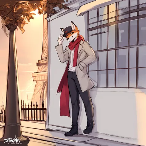 thin male solo cartoon fox by zackary911 wearing clothes sunlit people in background Paws instead of hands and feet paws visible Paris Eiffel tower in background Smiling scenic daytime, fox tail, trench coat, flat cap, scarf short pencil drawn sketch color...