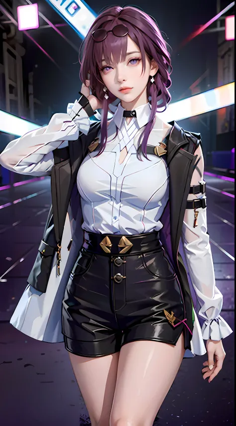 Masterpiece, Best Quality, 1girl, Official, Purple Eyes, Purple Hair, Bustiness, Denim Shot, Looking at the Audience, Dark, (Darkness), Cinematic Light, Edge Light, Delicate Eyes, (pureerosface_v1:0.5), Looking at the Audience, (Realisticity: 1.2), Provoca...