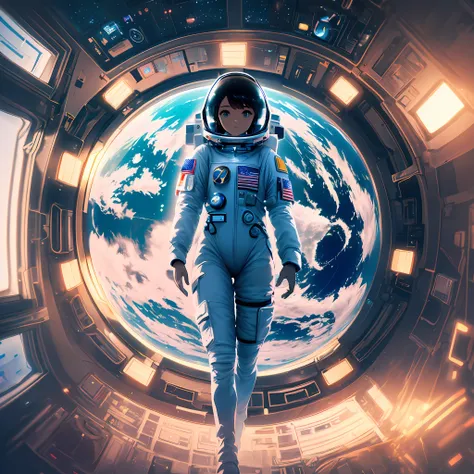 digital art, (beautiful woman, astronaut clothes), (floating inside a spaceship, window with view of the earth in the background), (intricate, Cinematic lighting, glowing, dramatic lighting, beautiful detailed glow)