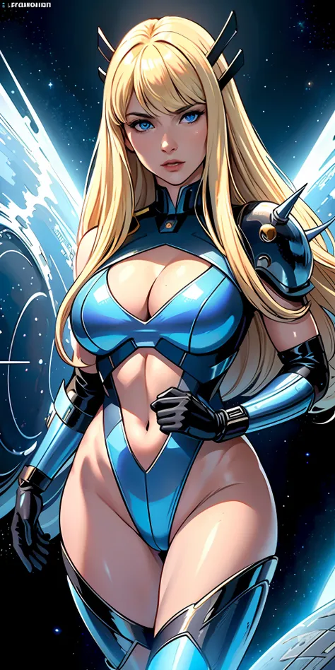 masterpiece, ultra high quality CG, best quality, perfect picture, solo, 1 woman, she is magik (long blond hair whith bangs, blue eyes, strong), wearing a sexy futuristic space superhero outfit, shoulders showing, in a spaceship, depth of field, highly det...