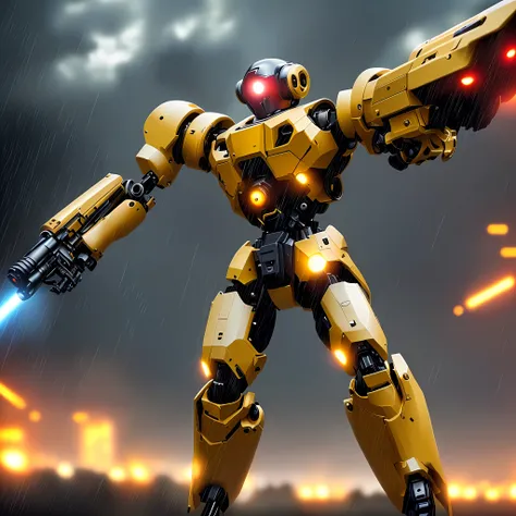 high quality, robotic body, full body, red eyes, rotating machine gun built into hand, rainy weather, sunny weather, metallic fa...