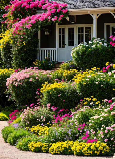 house in a garden full of flowers of different colors, in front of lake with swans, ultra realistic,8k hd,masterpiece,upscaled, ...