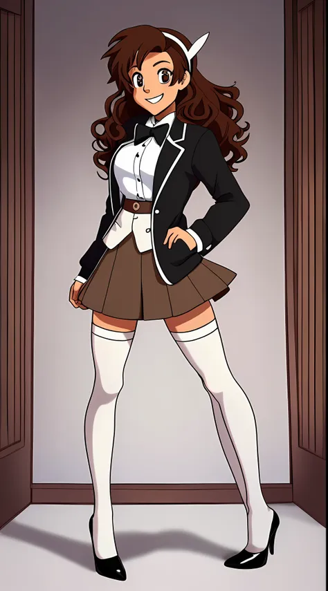 perfect anime illustration, brown hair, curly hair, long hair, hazel eyes, smiling, ((blazer, skirt, white socks, knee high sock...