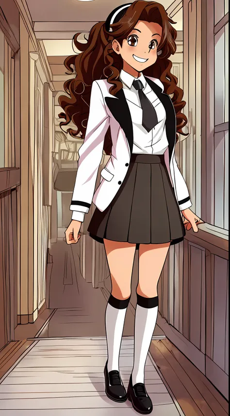 perfect anime illustration, brown hair, curly hair, long hair, hazel eyes, smiling, ((blazer, skirt, white socks, knee high sock...