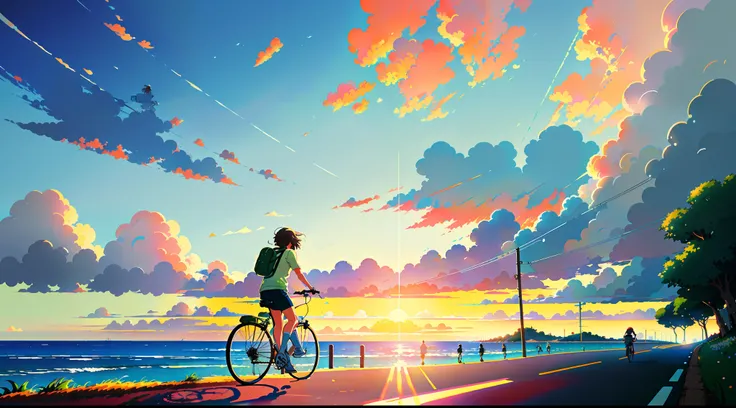 (bike: 1.5), (realistic bike: 1.5), (realistic cyclist: 1.5), cyclist back in foreground, lofi landscape, nature, sun, sea, landscape background, warm light, sunset, beach, shadows, contrast, clouds, makoto shinkai (Best quality:1.3), (Highres:1) Art by St...