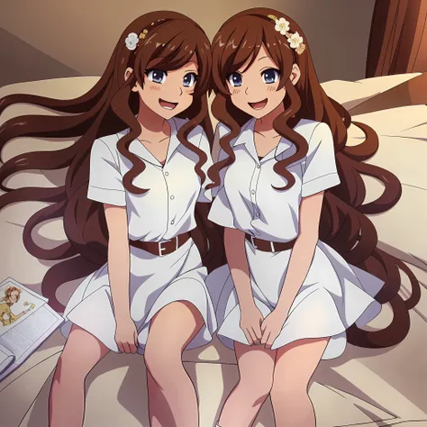 perfect anime illustration, 2girls, fraternal twins, brown hair, curly hair, long hair, different hair colors, hazel eyes, smili...