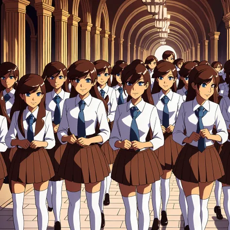 perfect anime illustration, 17 year old girls, medium breasts, multiple girls, thousands of girls, millions of girls, sisters, large crowd of sisters, (blonde girls, brown haired girls), same aged sisters, rich girls, sexy schoolgirls, brown hair, blonde h...