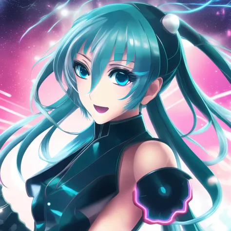 (a high-quality and detailed portrait of) hatsune miku, best illustration, (with) beautiful and vibrant color(s), (her) iconic t...