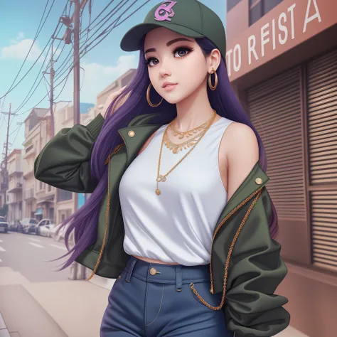 Photorealistic, Ultra Hire, TWICE Twi, Distant Gaze, OOTD, Hip Hop Style Clothes, (Round Young Face), Full Accessories, Necklace, Big and Gentle Eyes, Long Eyelashes, Slim Waist, Light Makeup, Clean Teeth, Little Smile. Colored hair, upper body, (low angle...