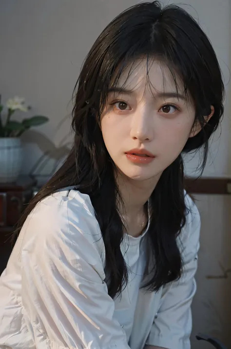 Temperament girl, delicate facial features, bangs, brown ponytail, messy hair, hair is very realistic, wearing a white shirt with short sleeves, the background is the sky, sea view, Du Qiong, exquisite makeup, light red lips, big eyes, double eyelids, blac...
