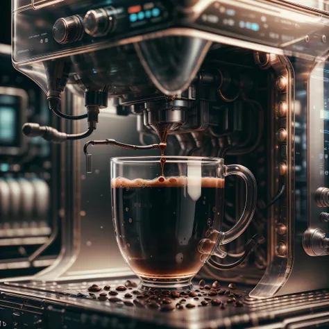 glasstech,scifi,  transparent  ,coffee machine , detailed background