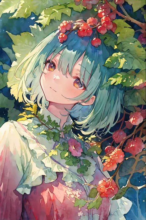 ((super detailed), #3b4195背景, beautiful flowers, berries, ferns, leaves, watercolor pattern of calming colors), (watercolor texture), ((1 girl), short hair, cute,