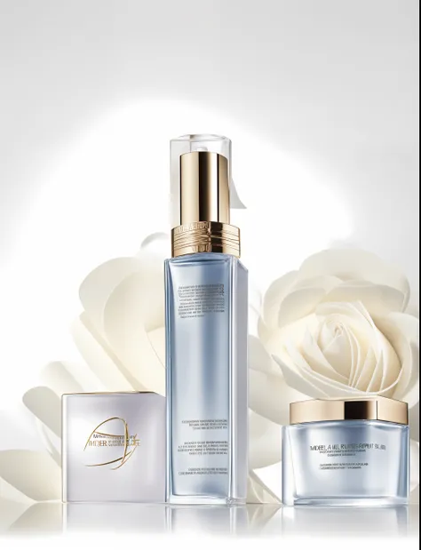 Commercial photography, studio lighting, (ripples on the surface of the water), mottled shadows, (some cosmetics), petals around the product, sunlight, three-point light, side view, white background, light color, warm tone, film texture, 150mm, estée laude...