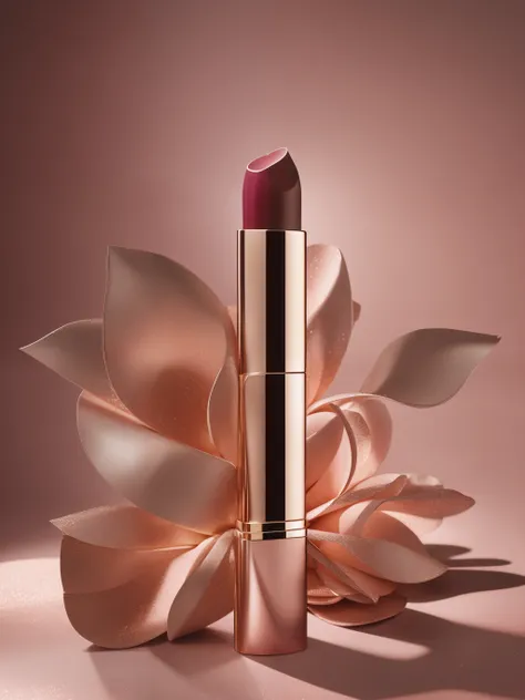 Commercial photography, studio lighting, (one lipstick in blooming rose bush), flower bush, octane rendering, mottled shadow, (one lipstick), rose petals or ribbons around the product, complex background, sunlight, (top light), Tyndall light, side view, li...