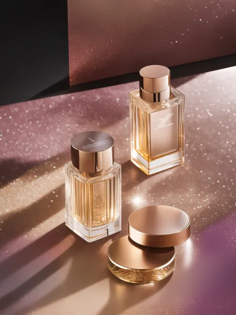Commercial photography, studio lighting, glass tabletop, mottled shadows, bottle of cosmetics, molecular structure with glass texture around the product, sunlight, Tyndall light, bright tones, film texture, 75mm, Estée Lauder, Lancôme