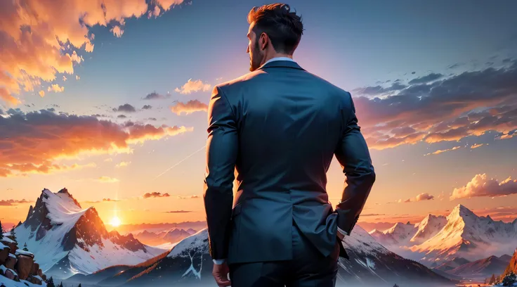 "((Man wearing suit)), ((panorama of mountains)), ((spectacular sunset)), resolution of ((2560 x 1440)) with level of detail ((amazing))." --auto --s2