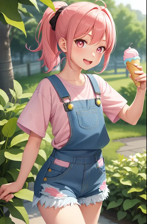 Masterpiece, best quality, 1 girl, solo, chunpura, overalls, overall shorts, flower-shaped pupils, pink shirt, holding ice cream, (ponytail: 0.6), smile, open mouth, cloudy
