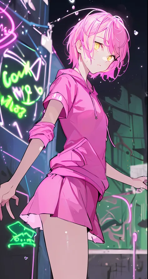 (masterpiece, best quality:1.2), illustration, realistic, absurd, (((bloom, glow, neon))), high contrast, depth of field, dynamic lighting, night, darkness, 1girl, solo, cute, slender, small breasts, delicate facial features, Hip-Hop, pink short hair, yel...
