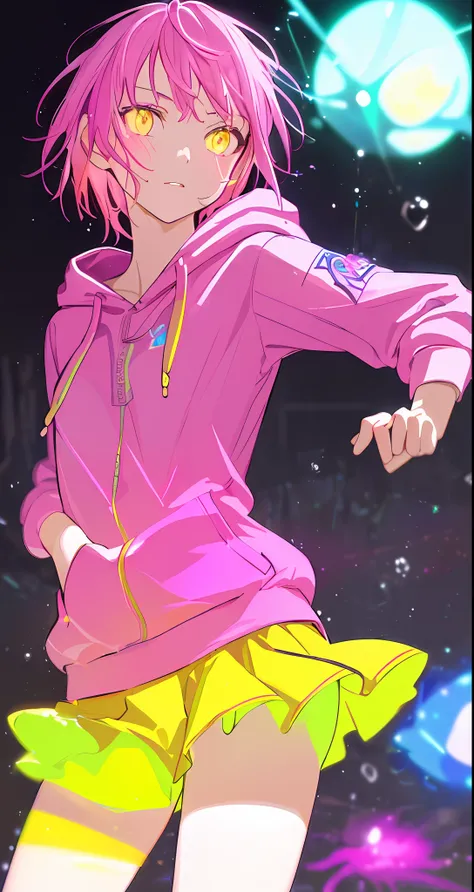 (masterpiece, best quality:1.2), illustration, realistic, absurd, (((bloom, glow, neon))), high contrast, depth of field, dynamic lighting, night, darkness, 1girl, solo, cute, slender, small breasts, delicate facial features, Hip-Hop, pink short hair, yel...