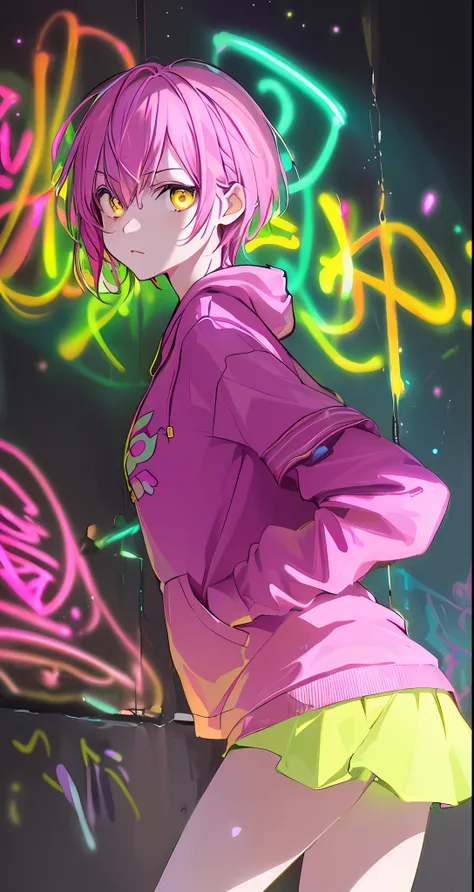(masterpiece, best quality:1.2), illustration, realistic, absurd, (((bloom, glow, neon))), high contrast, depth of field, dynamic lighting, night, darkness, 1girl, solo, cute, slender, small breasts, delicate facial features, Hip-Hop, pink short hair, yel...