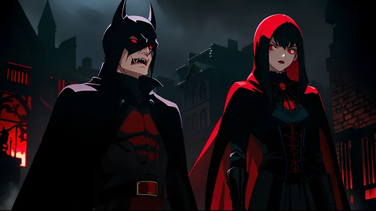 (masterpiece), (best quality), (detailed digital illustration), sinister vampire batman, bare sharp fangs, bright red eyes, standing bodies, dark and gothic atmosphere, surrounded by shadows and mist, tattered cape jutting out in the wind, sinister and men...