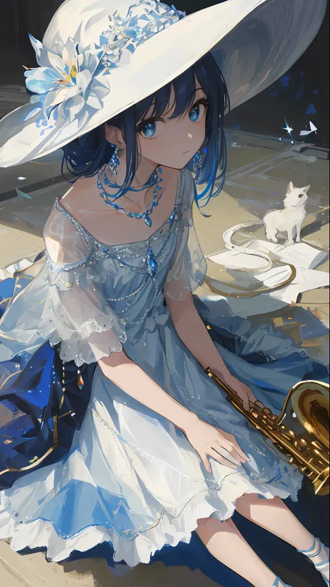 Masterpiece, Superb Painting, Saxophone Blue, Platinum Earrings, Platinum Necklace, White Dress, 1girl, Cute, (Dynamic Light: 1.2), Sitting on the Ground, Cinematic Light, Many Little Gems