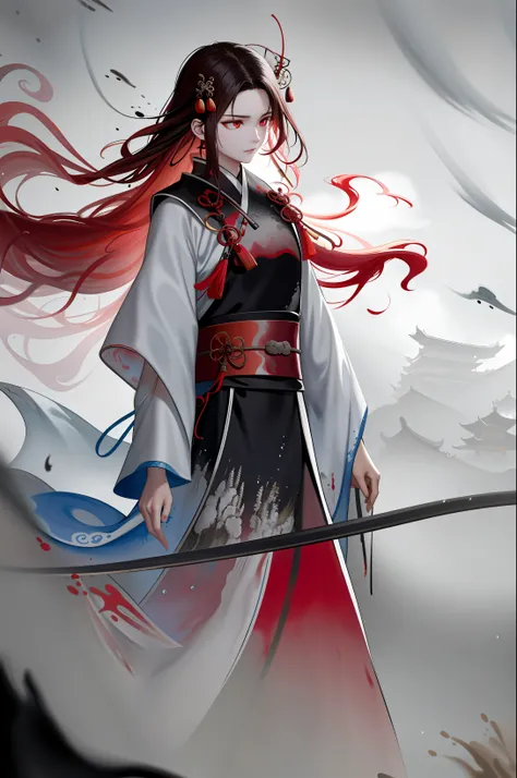 ((best quality)), (((masterpiece))), (highres), original, extremely detailed 8K wallpaper, [an extremely delicate and beautiful girl who with dark red long hair,dress,scarf,feather and is (heroic battle:1.3)],(beautiful detailed red eyes),world masterpiece...