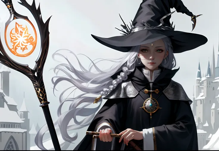 wlop, silver hair, witch, jewelry, cute girl, eastern, white wizard staff