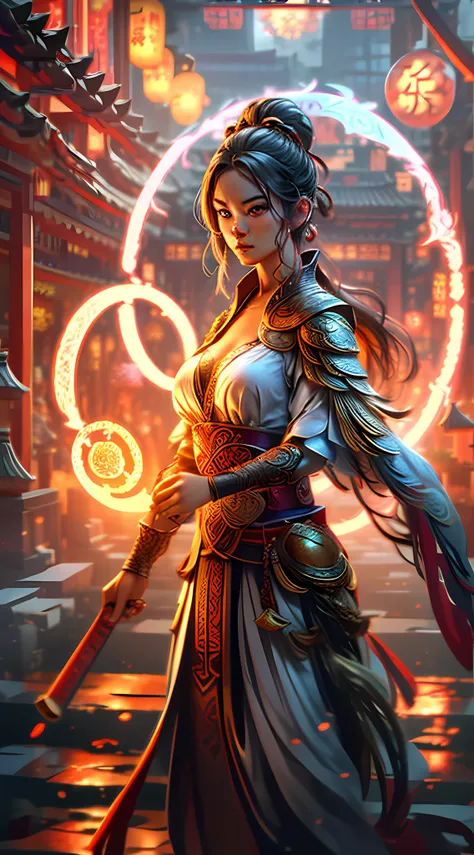 Best quality,masterpiece,ultra high res,(photorealistic:1.4),xiuxian,weapon,Detailed face,.1girl,solo,weapon,cleavage,(magic circle:1.2),xiuxian,upper body,Beautiful girl,full body,east asian architecture,sheath,architecture,.