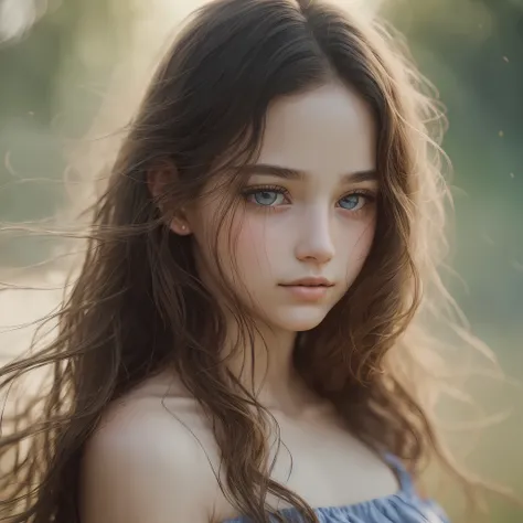 film portrait photography, 1girl, bare shoulders, wavy shoulder-length hair, serene, calm, (realistic detailed eyes, natural skin texture, realistic face details), soft dramatic lighting, depth of field, bokeh, vibrant details, finely detailed, hyperrealis...