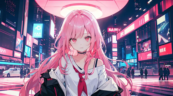 1girl, solo, loli, petite, (very_long_pink_hair), braids, (red_eyes), medium_breasts, (white_shirt:1.5), (windbreaker), (off_shoulder:1.2), (portrait), glowing_eyes, background_light, (cityscape:1.5), (neon_lights:1.2), (shushing:1.2),(science), cyberpunk,...