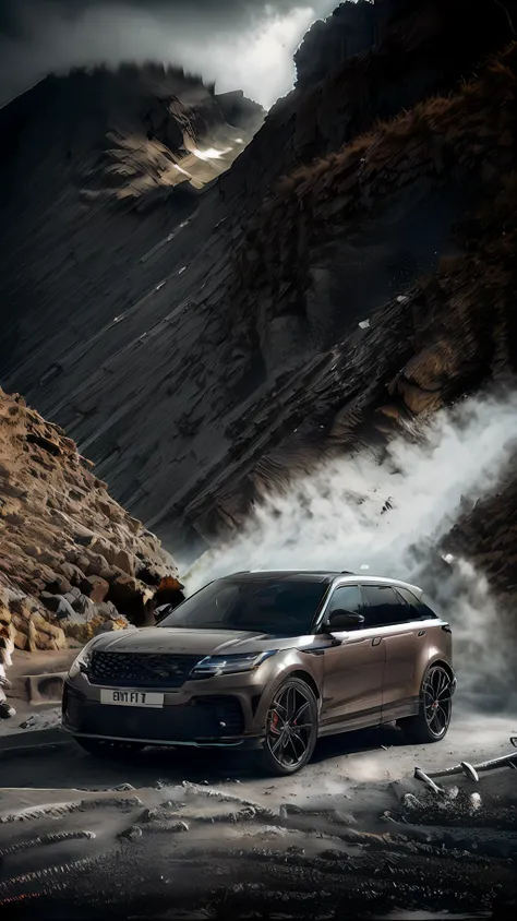 photorealistic image of dvauto style, a gray range rover velar, 85mm, telephoto, mountain background, low contrast, muted, photo...