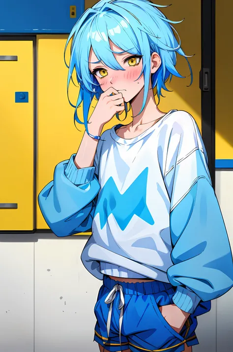 Obra maestra, detalle fino, HDR, solo, mirando al espectador, femboy, messy blue hair, yellow eyes, blue and white sweater, shorts, blushing and shy
