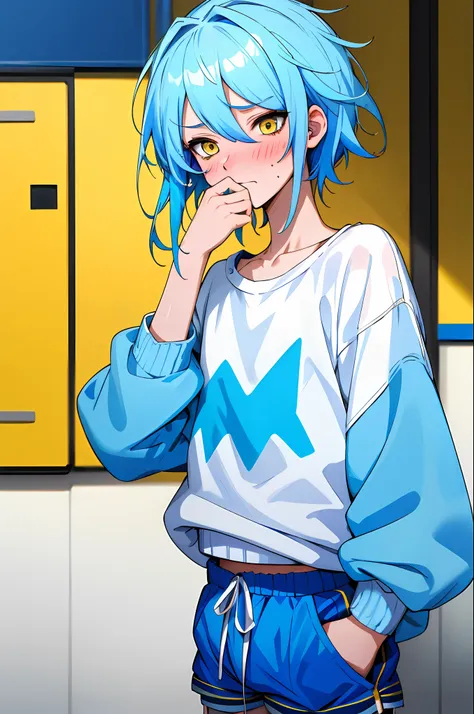 Obra maestra, detalle fino, HDR, solo, mirando al espectador, femboy, messy blue hair, yellow eyes, blue and white sweater, shorts, blushing and shy