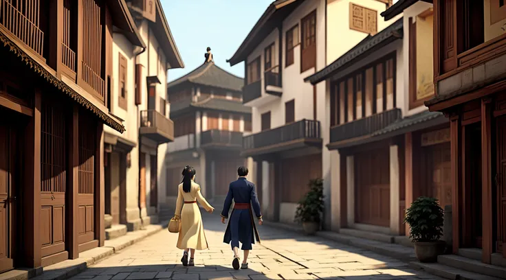 Anime scene A man and a woman walk on the narrow streets of the city, wearing ancient costumes, cheongsam, ancient China, the streets of the ancient city behind her, inspired by the Chinese Tang Dynasty, 2. 5 D CGI anime fantasy works, Makoto Shinkai, pain...