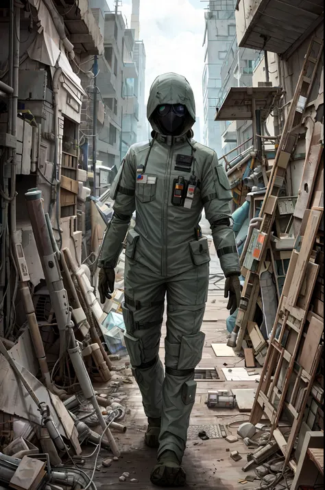 person in biological protection suit exploring a dystopian wasteland, intricate, clutter, detailed