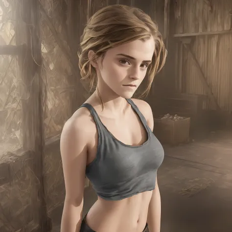 (((emma watson))), hyperreal photo of ((woman in a crowded barn wearing a sexy worn, torn cotton tank top)), ((detailed realisti...