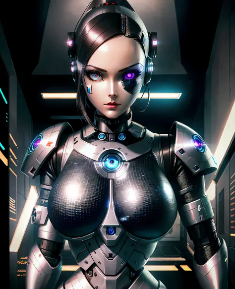 Best Quality, High Detail, 4K, Human, Robot Girl, Android Face(Metal), Steel & Titanium Leather, Robotic Face(With Human Features), Cybernetic Eyes(Hard Eye Circle, Clear Eye Pupil), 1girl, Formal, Perfect Hands(5 fingers), Wig(False Hair), Big Breasts, Bi...