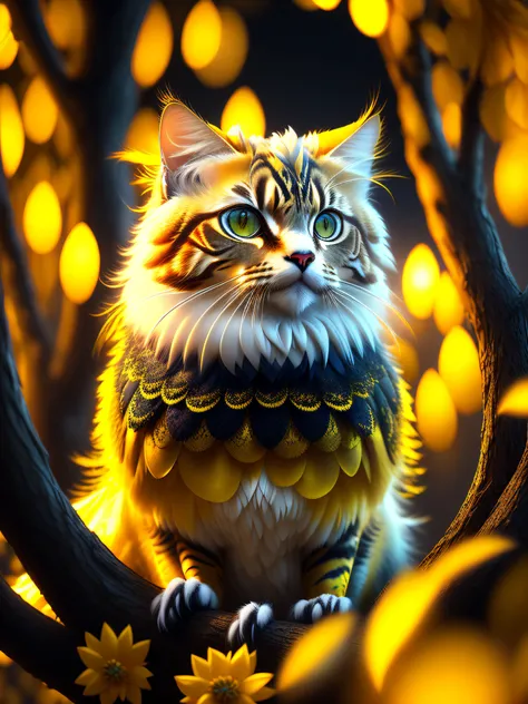 ((masterpiece, top quality, ultra detailing Unity CG wallpaper)), feathered, feline, perched on a tree, enhanced lighting, night scene, bright atmosphere, bright highlight in yellow eyes, narrow depth of field. [:(bright white hair, detailed texture and mottled coloration):1.3].