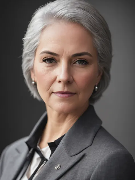 photo of a gray-haired woman in an elegant business suit, wide-frame photo, photo shoot style, exquisite, detailed, dramatic, el...