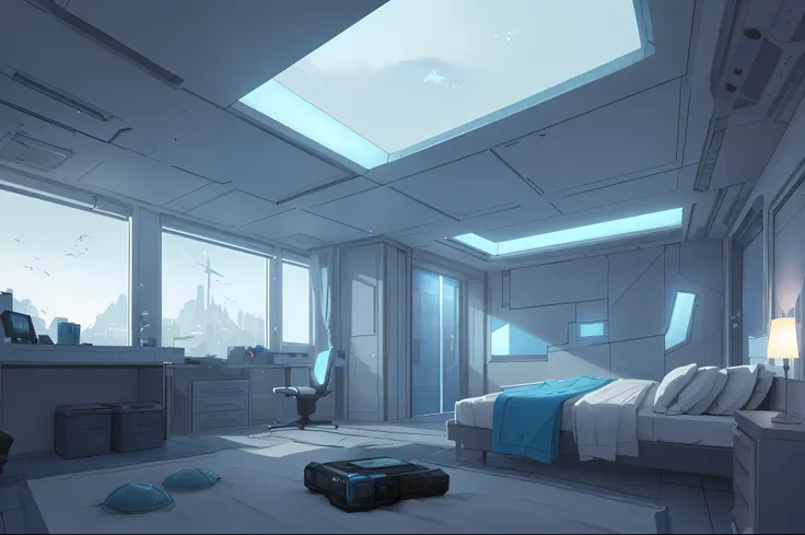 Gorgeous sci-fi matte painting for the bedroom of John Harris, Sparta and Greg Rutkowski. Sharp edges, Tiffany blue, dark gray, gray-blue, white.. A sci-fi bedroom on a space base, outside the windows of the future Cyberpunk cityscape, the lighting effect....