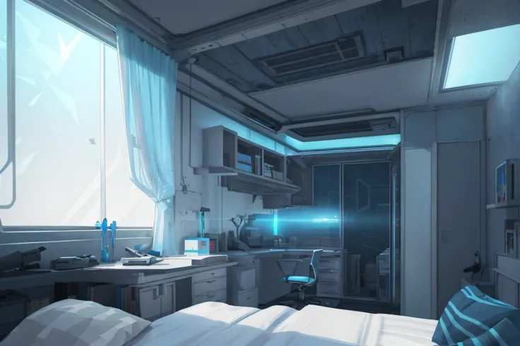 Gorgeous sci-fi matte painting for the bedroom of John Harris, Sparta and Greg Rutkowski. Sharp edges, Tiffany blue, dark gray, gray-blue, white.. A sci-fi bedroom on a space base, outside the windows of the future Cyberpunk cityscape, the lighting effect....
